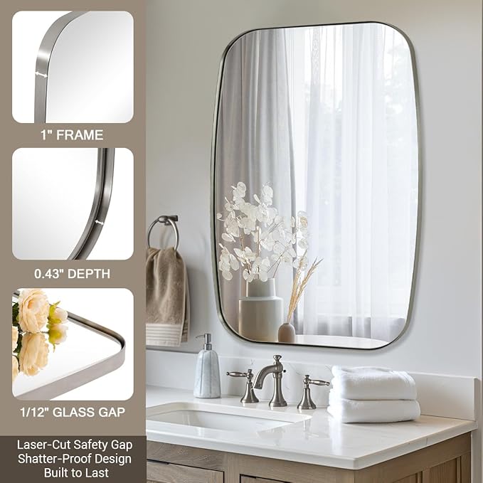 ANDY STAR Brushed Nickel Mirror, 30x48’’ Brushed Nickel Bathroom Oval Mirror with Stainless Steel Metal Frame, Silver Oblong Mirrors Wall Mounted for Bedroom, Living Room Decor
