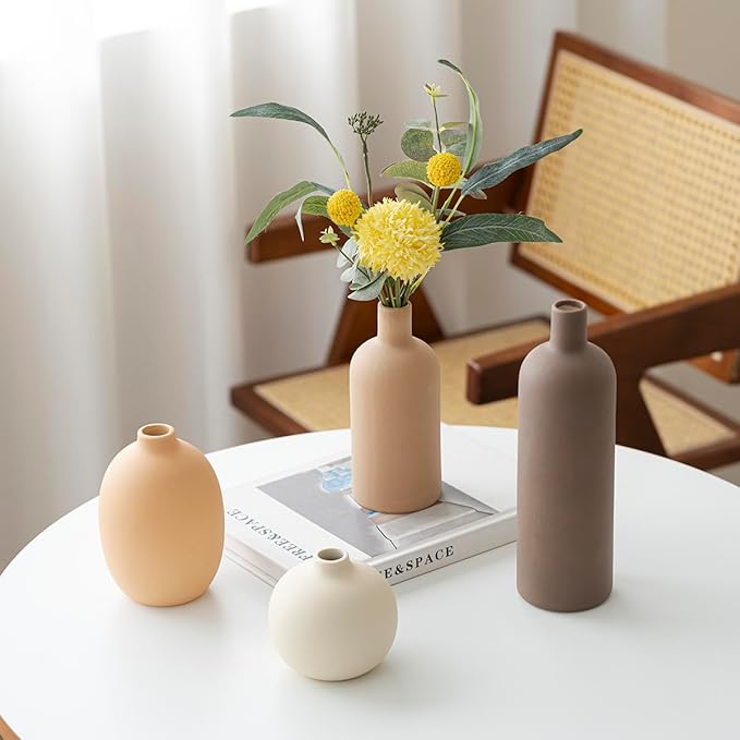 Modern Ceramic Vase Set, Neutral Colors, Decorative Vases for Home Shelf Decor, 4 Piece Collection (Coffee Mix Set 4)