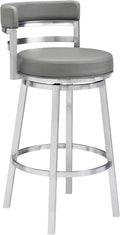 Armen Living Madrid 30" Bar Height Swivel Modern Grey Faux Leather and Brushed Stainless Steel Bar Stool for Kitchen Island Counter