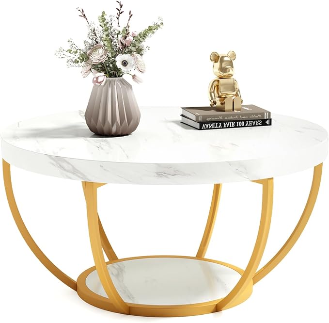 LITTLE TREE Round Coffee Table, 32" Circle Faux Marble Coffee Tables for Living Room, 2-Tier Golden Metal Legs Accent Center Table with Open Storage Modern Design Home Furniture (White and Gold)