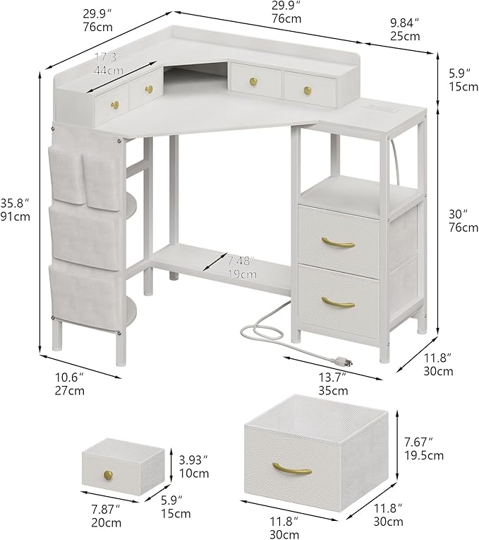 Corner Desk with 6 Drawers Shelves for Small Space Computer Desk with Power Outlets,Gaming Desk with Printer Monitor Stand Storage for Home Office Workstation Writing Table (White, 31.5)