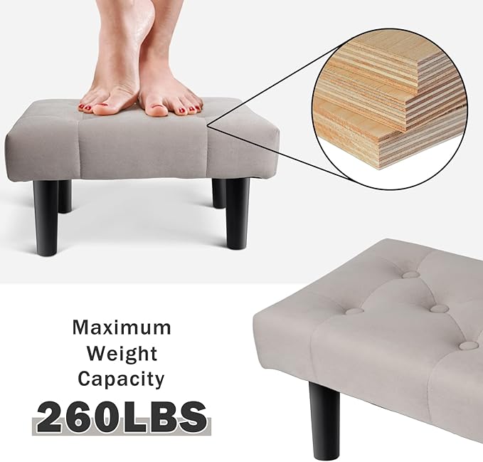 HOUCHICS Small Footstool Ottoman, Velvet Wooden Foot Stool Ottoman with Wood Legs, Sofa Footrest Extra Seating for Living Room Entryway Office(Grey 1PACK)