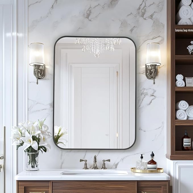 MZON 16x20 Inch Matte Black Bathroom Mirror, Rectangle Wall Mirror for Bathroom or Entryway, Anti-Rust Frame & Tempered Glass, Hangs Horizontally/Vertically - Space-Saving Minimalist Decor