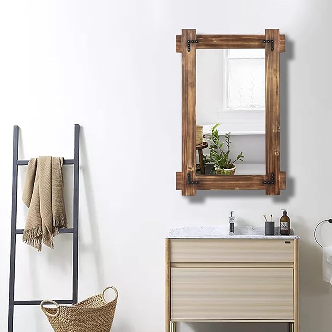 MeMoreCool Rustic Wooden Framed Wall Mirror, Farmhouse Decorative Vanity Mirror, Wall Mounted Rectangular Mirror for Bathroom, Bedroom, or Living Room, 40x28 Inches
