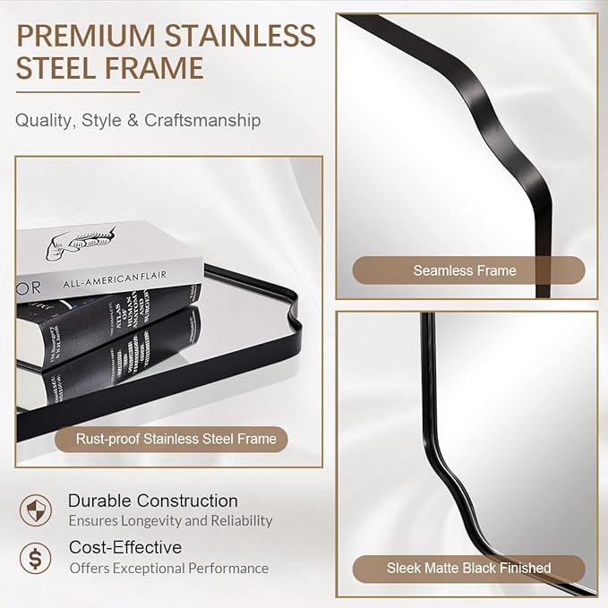 ANDY STAR Unique Rectangle Wall Mirror, 24"x32" Black Mirror, Modern Mirror with Aesthetic Scalloped Edge Design Ideal for Bathroom, Bedroom or Entryway, Thin Frame Deep 1’’