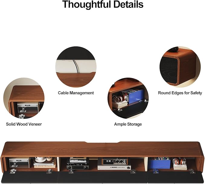 Minimalist 55'' Floating TV Stand with 3 Doors,Solid Wood Wall Mounted TV Console,Floating Entertainment Center with Hidden Storage,Curved Round Edges,Natural Wood Finish(Walnut)