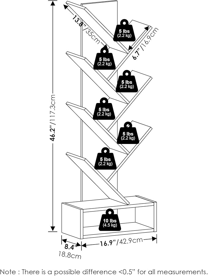 Furinno Tree Bookshelf 7-Tier Floor Standing Tree Bookcase with Bottom Shelf, White