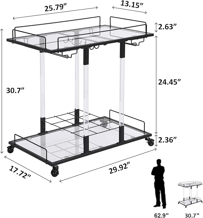 Bar Cart for Home Bar Chrome Serving Cart with Wine Rack 2-Tier Acrylic Rolling Bar Carts on Wheels Clear Dessert Cart Lucite Bar Stand Glass Liquor Cart for Living Room Kitchen Club Black