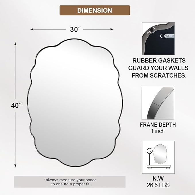ANDY STAR Chrome Vintage Scalloped Mirror - 30x40 Inch Retro Bathroom Mirror, Unique Irregular Oval Wavy Mirror with Heavy Duty Metal Frame