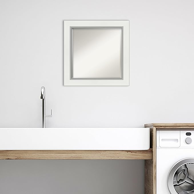 Amanti Art White Bathroom Mirror for Over Sink, 26x26 Eva White Silver Square Vanity Mirror, Medium Modern Frame, Hangs Horizonally and Vertically, Bathroom Wall Decor, Beveled Edge from WI, USA