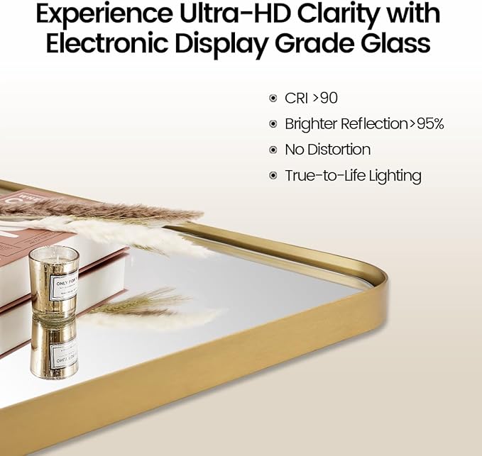MOON MIRROR 20" x 28" Brushed Gold Metal Framed Pivot Rectangle Bathroom Mirror for Wall, Tilting Rounded Rectangular Vanity Mirror Hangs Vertical only