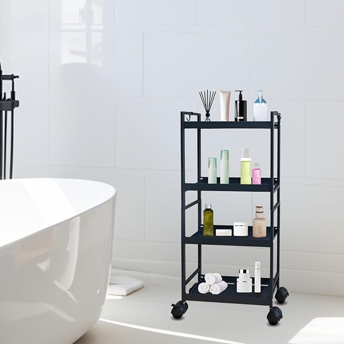 Beyeutao 4 Tier Slim Storage Cart with Wheels Black Rolling Utility Cart Bathroom Storage Organizer Narrow Storage Cabinet for Kitchen, Bedroom, Laundry Room, Bathroom