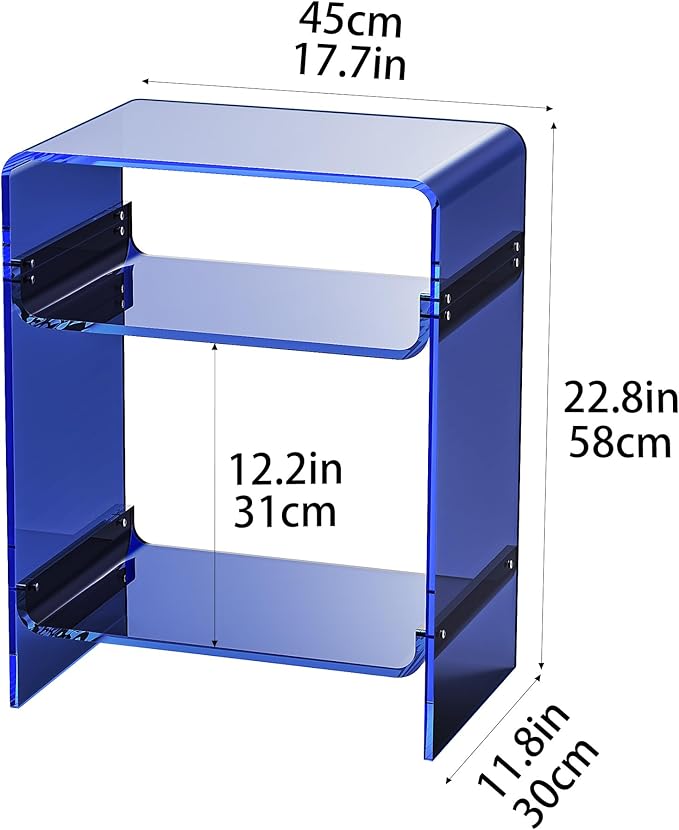 Acrylic Record Player Table with Storage Shelf, Clear Side Table Nightstand (Dark Blue)