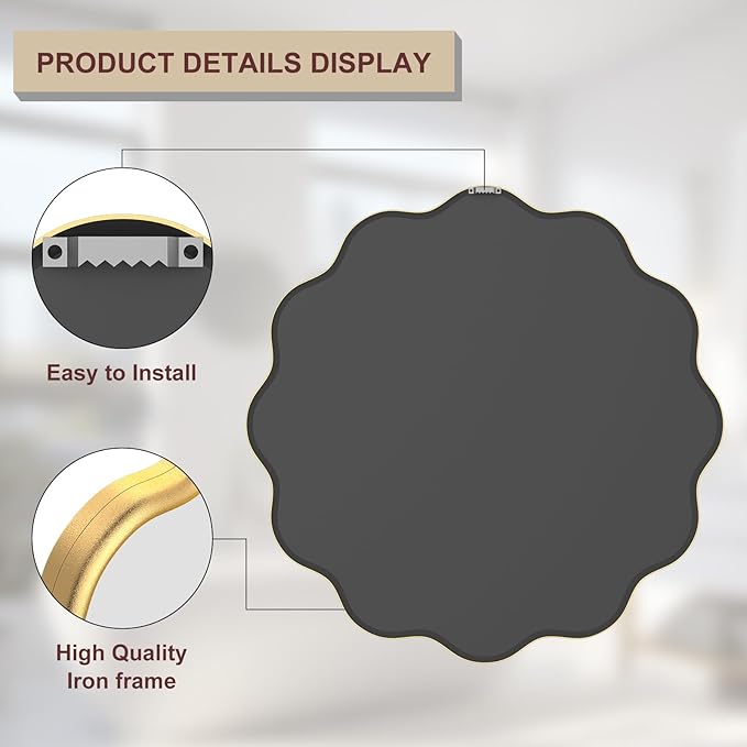 PROHOMEWARE Gold Round Mirror 32 Inch Wavy Bathroom Vanity Mirror Gold Frame Modern Wall Mirror Decorative Wall-Mounte Anti-Rust, Tempered Glass