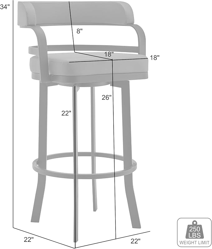 Armen Living Prinz 26" Counter Height Swivel Barstool in Black Faux Leather and Brushed Stainless Steel Finish