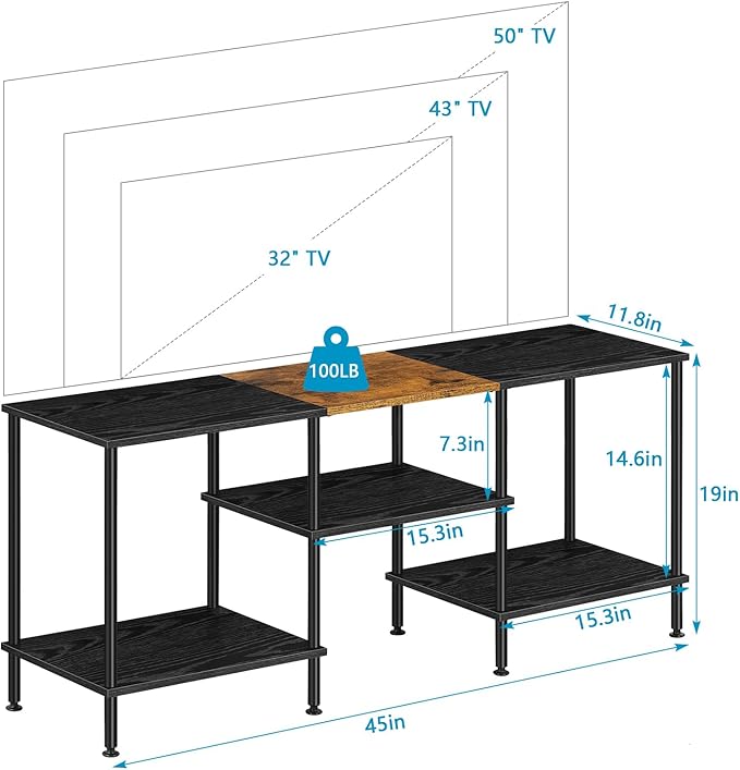 50 inch TV Stand 3 Tier Entertainment Center with Storage Shelves Small Tall Television Console Table with Metal Frame, Industrial TV Cabinet for Living Room Bedroom, Black