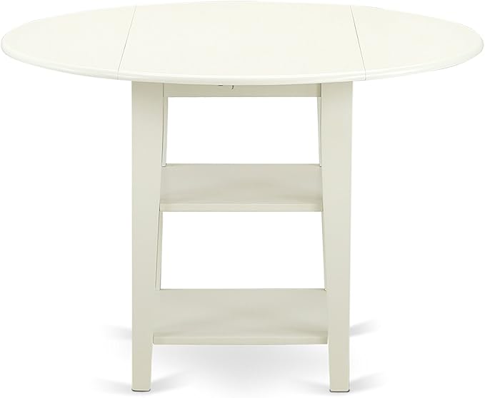 East West Furniture SUDA3-LWH-W 3 Piece Dining Room Table Set Contains a Round Dining Table with Dropleaf & Shelves and 2 Wood Seat Chairs, 42x42 Inch, Linen White