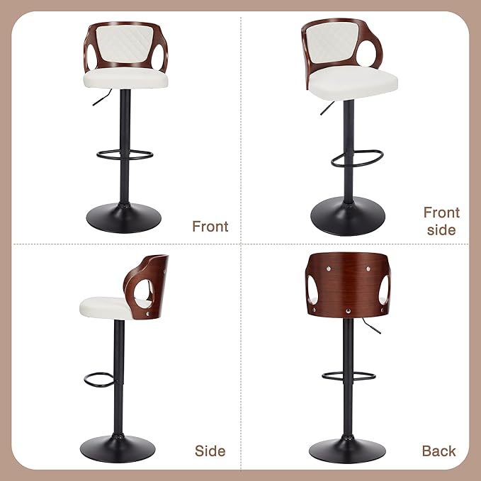VECELO Bar Stool Set of 4, Kitchen Island Stools with Bentwood Back,Arm&Footrest,Island Chairs Adjustable Height PU Leather Cushion Seat,360°Swivel Stools for Kitchen Counter,Club Pub,Pearl White