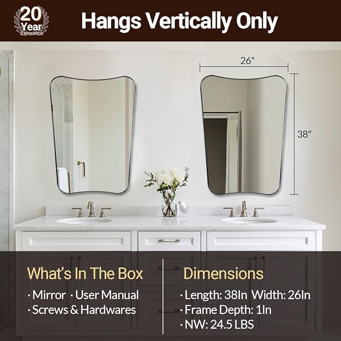 ANDY STAR 26x38 Inch Bathroom Mirror, Brushed Nickel Asymmetrical Mirror, Large Decorative Mirror, Modern Bathroom Mirror with Sophisticated Design, Wall Mount Vertically Only