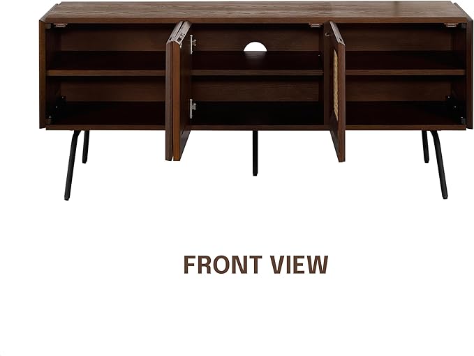 NTC Mossic TV Media Cabinet with 3 Doors for TVs, Entertainment Center with Natural Rattan, Metal Legs, Modern Storage Console for Living Room and Bedroom, Effortless Assembly, Dark Walnut