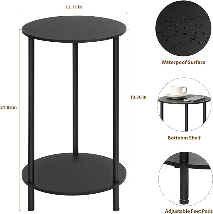 SEHERTIWY Small Round Side Table, 2 Tiers Farmhouse End Tables, Set of 2 Accent Tables for Small Spaces, Night Stands for Bedrooms Living Room, Coffee Tables with Storage Shelf, Black