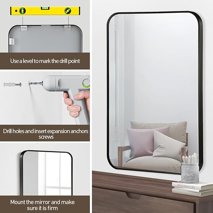 Black Bathroom Mirror, 26x38 Inch Matte Black Mirror, Aluminum Alloy Framed Vanity Mirror, Rounded Rectangle Mirror for Over Sink, Anti-Rust Wall Mirror (Horizontally or Vertically)