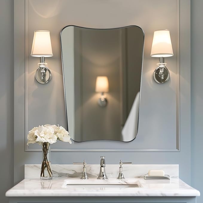 ANDY STAR Brushed Nickel Bathroom Mirror, 22x30 Silver Metal Framed Mirrors for Bathroom, Irregular Wall Mirror in Anti-Rust Stainless Steel Frame, Unique Shape Frame Ideal for Home Remodel