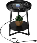 Gadroad Round End Table with Charging Station, USB Ports and Anti-Drop Fence, Wood Tabletop & Black Metal Frame, 2-Tier Side Table for Living Room, Bedroom, Black 15.7 * 15.7 * 23.0 inches