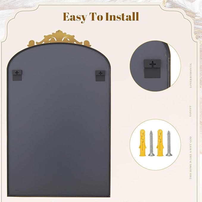 24x36 inch Vintage Arched Bathroom Mirror - Gorgeous Wall Vanity Mirror with Beautiful Retro Top and Bottom Engraving Process Frame for Entryway Hallway Living Room, Gold