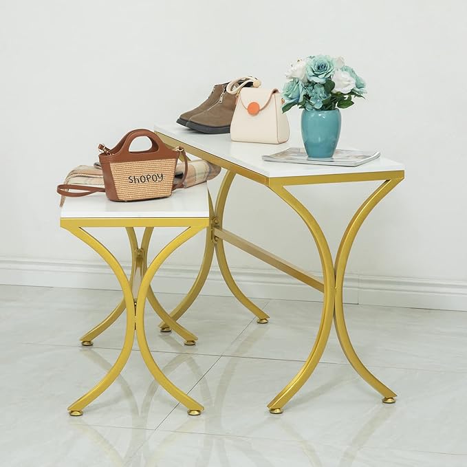 Metal Shoe Handbag Display Stand, Display Riser Shelf for Retail Store, Modern Nesting Tables 2 Piece Set, Iron and Wood, Gold
