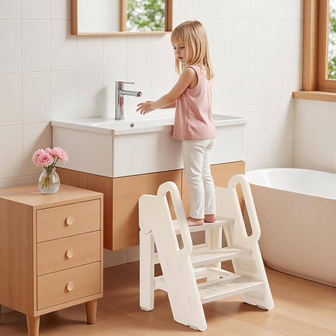 Kids Step Stool for Bathroom, Non-Slip Toddler Step Stool Kitchen Helper, 150lbs Load Bearing Foldable Toddler Tower for Kitchen Counter, Kids Stool for Bathroom Sink