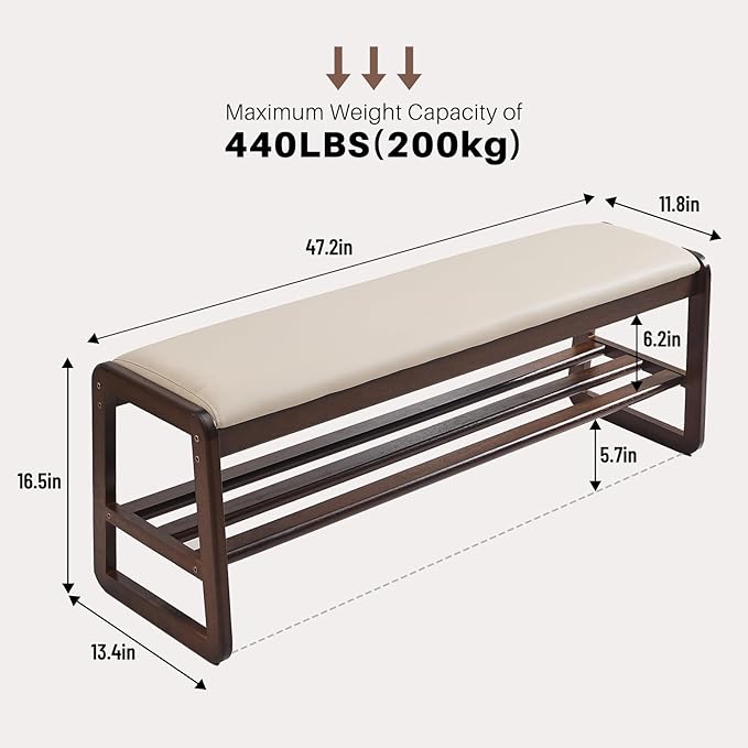 Wooden Shoe Rack Bench - Ottoman Bench with Solid Wood Shelf, Shoe Storage for entryway, end of Bed, Foyer, mudroom