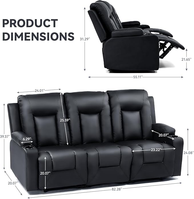 COMHOMA Living Room Furniture Set,Bonded Leather Sofa with Massage,Cup Holder Recliner Chair,3+1,Black