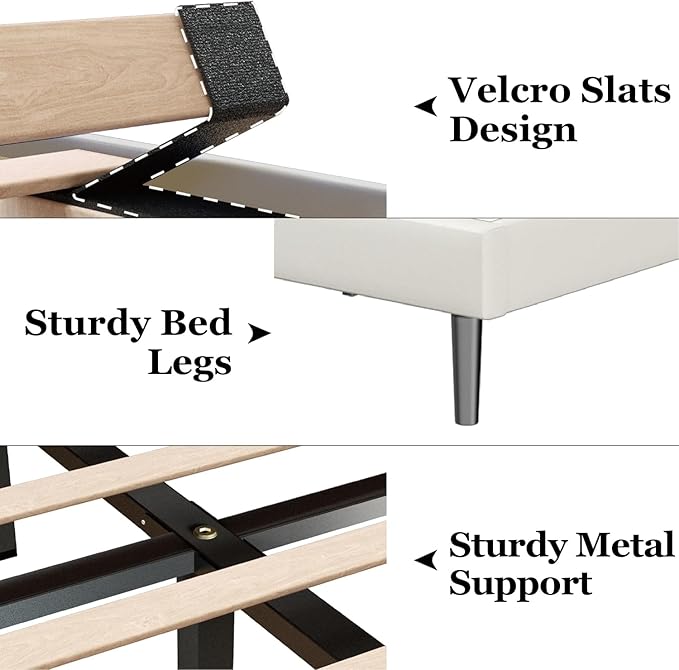 King Size Bed Frame with Velvet Upholstered Headboard, Platform Bed with Strong Wood Slats, Mattress Foundation, Box Spring Optional, Easy Assembly, Beige