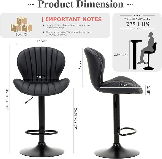 COLAMY Bar Stools Set of 6, Modern Swivel Bar Chairs, Adjustable Faux Leather Upholstered Barstools Counter Height with High Backrest for Bar, Kitchen Island, Dining Room, Black