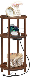 HOOBRO Small Round Side Table with Charging Station, 3-Tier Round Bamboo End Table, Compact Sofa Bedside Table for Small Space, Easy Assembly, for Living Room, Bedroom, Apartment, Mocha MA152UBZ01