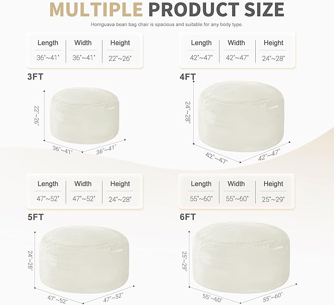Homguava 4 FT Bean Bag Chair: 4' Bean Bags with Memory Foam Filled, Large Beanbag Chairs Soft Sofa with Dutch Velvet Cover-Beige