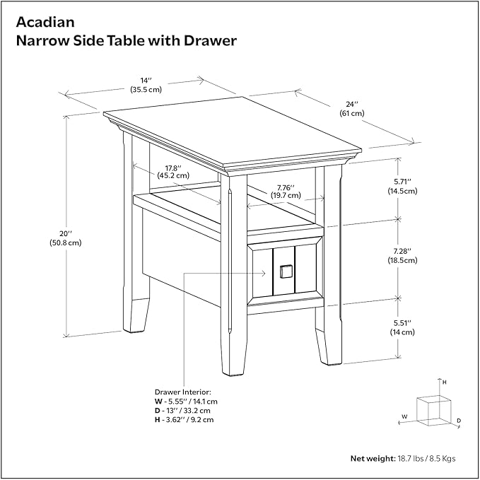 SIMPLIHOME Acadian 14-inch Wide Narrow End Table with Drawer and Open Shelf in Light Golden Brown for Living Room or Bedroom