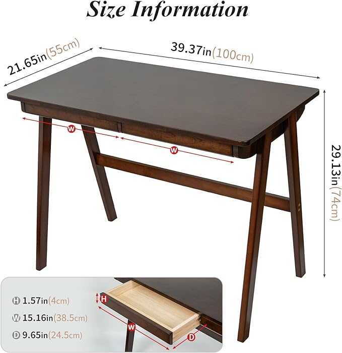 Computer Desk with Drawers, Solid Wood Writing Desk, Mid Century Modern Home Office Desks, Oak Study Table, Small Desk for Bedroom, 29.1 H x 39.4 W x 21.7 D Inches, Walnut