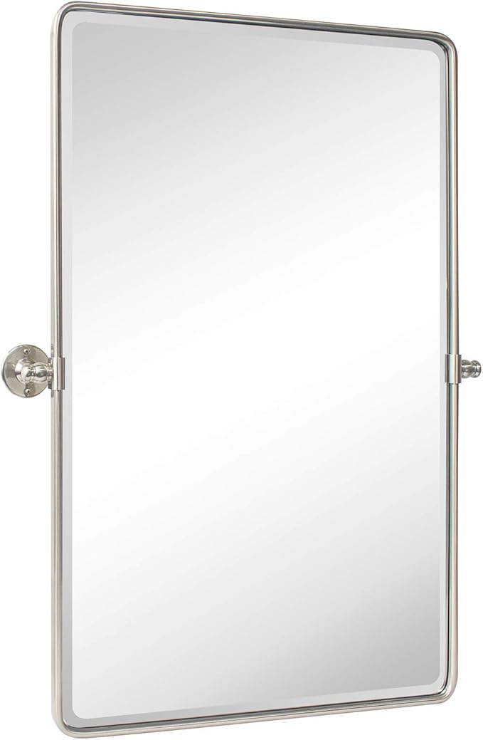 TEHOME 20x30'' Brushed Nickel Pivot Mirror Rectangle Bathroom Vanity Mirror Brushed Silver Rounded Corner Metal Framed Tilting Beveled Vanity Wall Mirrors