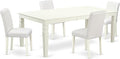East West Furniture LGAB5-LWH-64 5 Piece Dining Table Set Includes a Rectangle Dining Room Table with Butterfly Leaf and 4 White Faux Leather Parsons Chairs, 42x84 Inch, Linen White