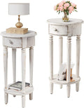 COSIEST Tall End Table with Drawer Sets of 2, Round Nightstand Bedside Table with Storage Shelf, Industrial Telephone End Table for Living Room, Bedroom, Hall Way, Space Saving