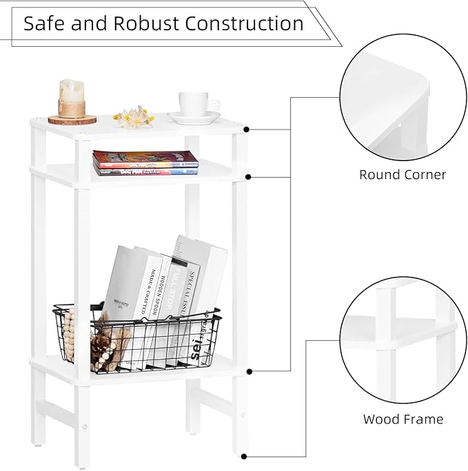 28in Tall Side Table Set of 2, 3-Tier Small Narrow End Table for Couch, Skinny Nightstand for Small Space, Farmhouse Slim Night Stand with Storage, Wooden Frame Thin Bedside Table, White
