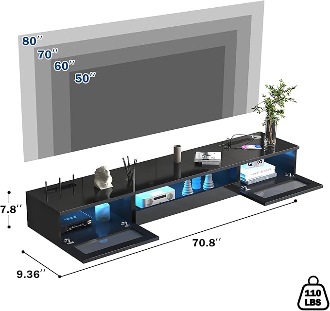 Floating TV Stand, 71" Floating Entertainment Center Wall Mounted,Floating Wall Mounted TV Shelf with Modern High Gloss tv Cabinet Media Console with Storage