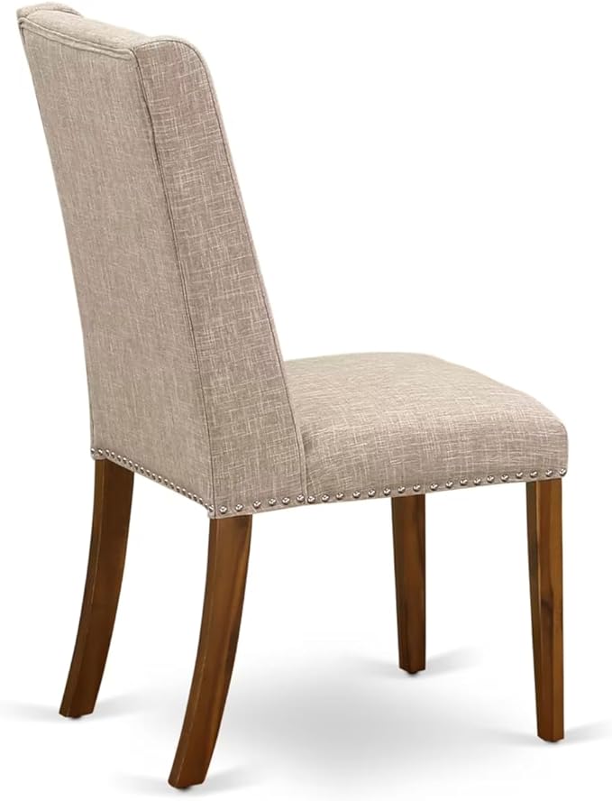NKFL9-AWA-04-9-Piece Kitchen Table Set Includes a Kitchen Table and 8 Light Tan Linen Fabric Dining Chairs with Padded Chair Back - Antique Walnut Finish.