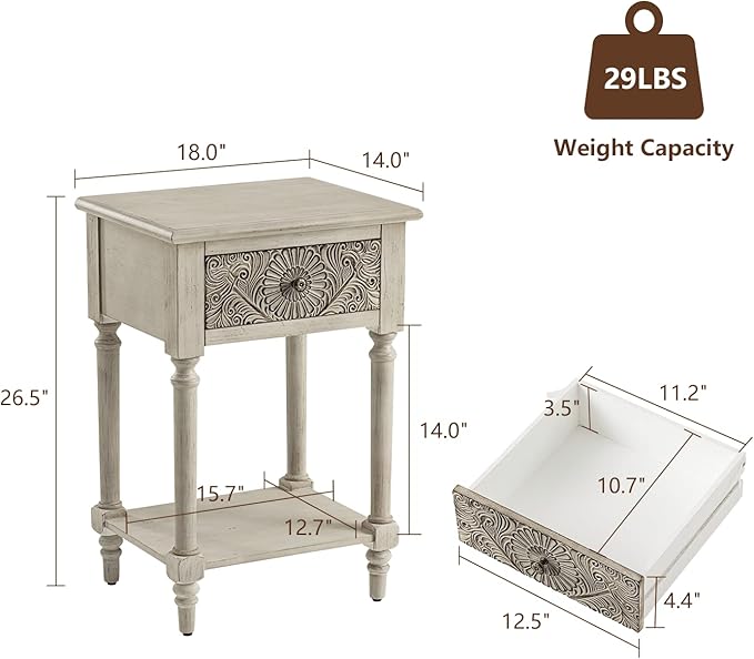 COSIEST Vintage Nightstand, MDF 2-Tier Bedside Table, Wood Accent End Table with Storage Drawer and Open Display Shelf for Bedroom Living Room