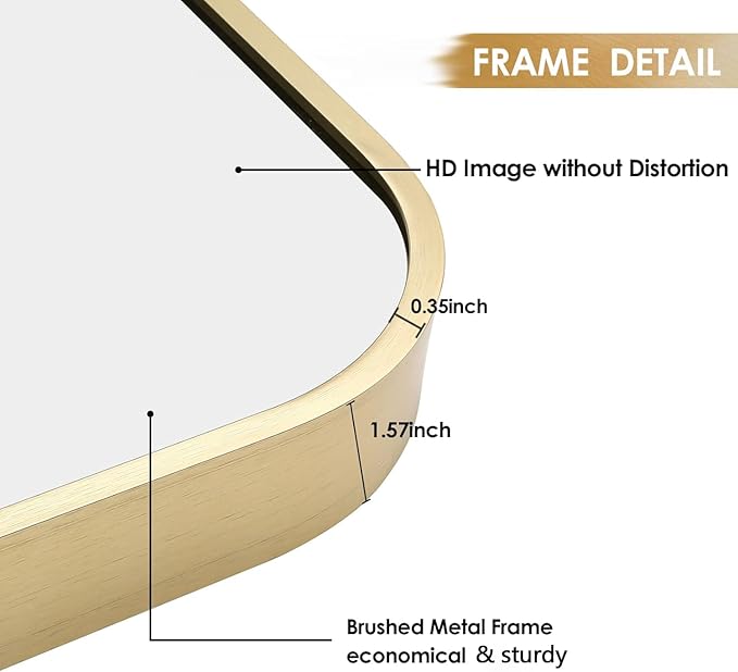26x38 Inch Gold Bathroom Mirror, Brushed Brass Gold Metal Framed Rectangular Mirror with Rounded Corner, Bathroom Vanity Mirror for Bedroom or Living Room, Horizontal/Vertical
