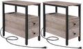 HOOBRO Set of 2 End Tables with Charging Station, Narrow Side Table with Drawers & USB Ports & Power Outlets, Nightstand for Small Spaces, Living Room, Stable, Greige and Black BG541BZP201