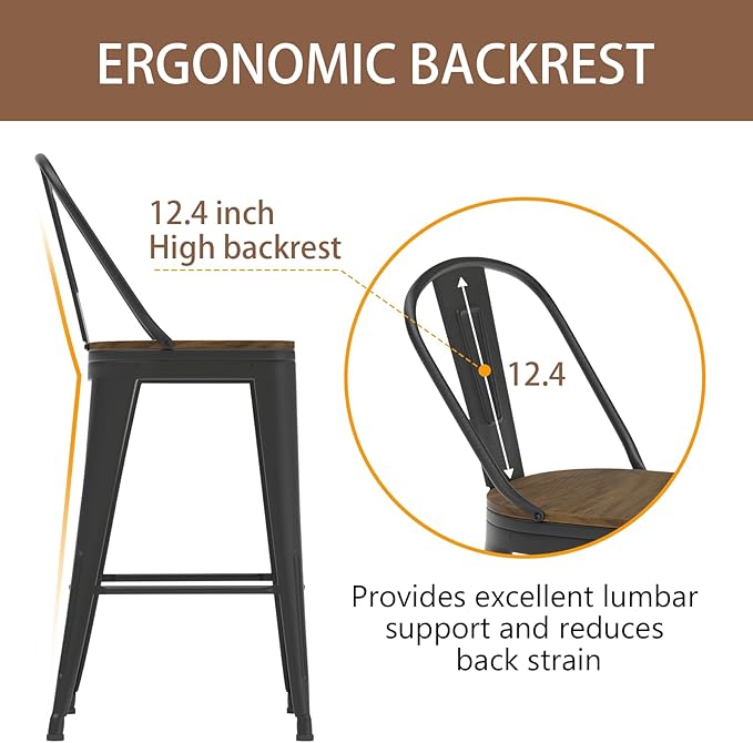 26” Swivel Bar Stools Set of 4, Counter Height Bar Stools Wooden Seat, Metal Industrial Bar Chairs with High Back for Kitchen Island (Black)