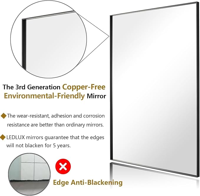 36x48 Inch Black Bathroom Mirror, Copper-Free, Aluminum Alloy Frame Vanity Rectangle Wall Mounted Modern Mirror for Bedroom/Living Room/Porch Horizontal or Vertical